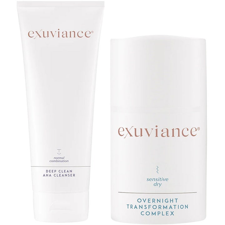 Exuviance Deep Clean AHA Cleanser og Overnight Transformation Complex eksfolierende hudpleiesett i hvite tuber
