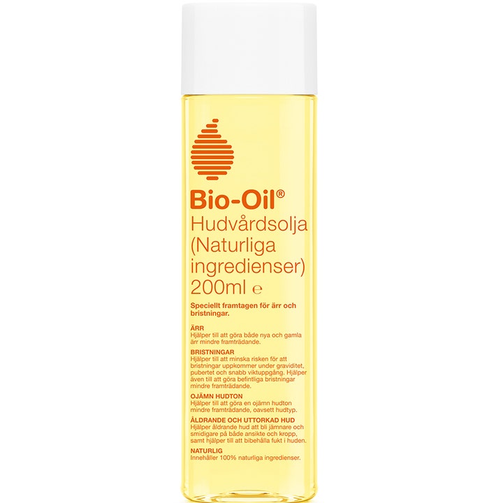 Bio-Oil Hudpleieolje 200 ml mot arr og strekkmerker i en klar plastflaske med gul olje og hvit kork.