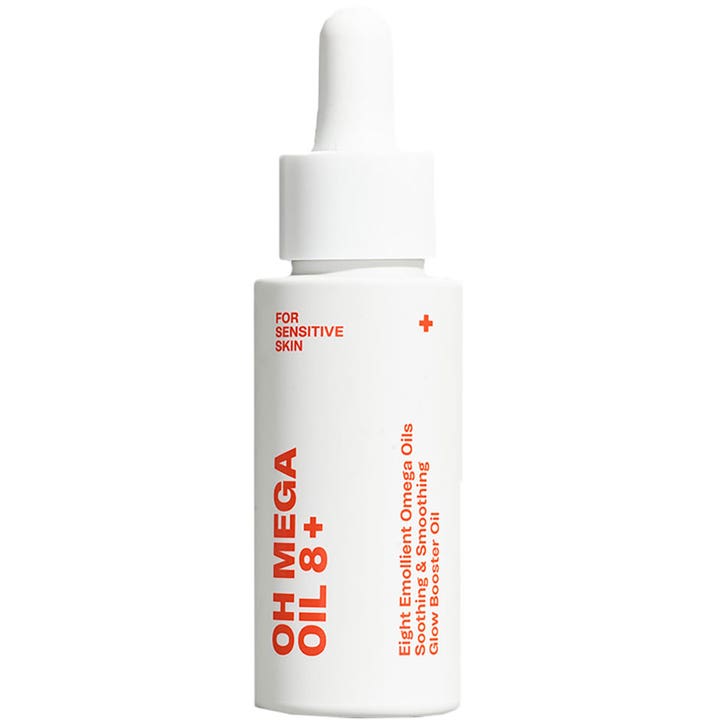 OH MEGA Oil 8+ beroligende ansiktsolje med omega-oljer i hvit flaske med hvit pipette og rød tekst