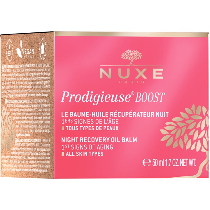 Nuxe Prodigieuse Boost Night Recovery Oil Balm 50 ml nattkrem i rosa eske som motvirker første aldringstegn.