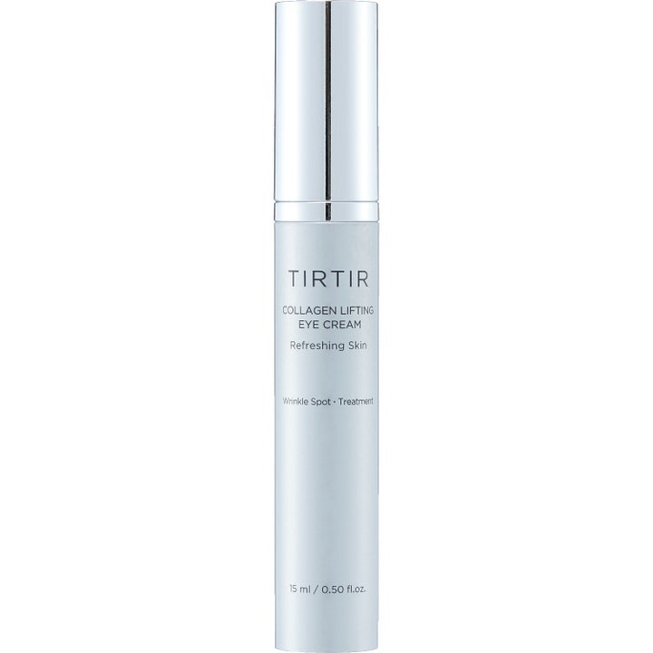 TIRTIR Collagen Lifting Eye Cream 15 ml oppstrammende øyekrem i slank lys blå flaske med skinnende sølvkork.