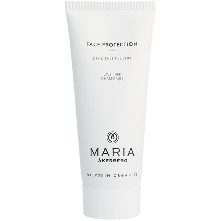Maria Åkerberg Face Protection beskyttende ansiktskrem for tørr og sensitiv hud i hvit tube med lavendel.
