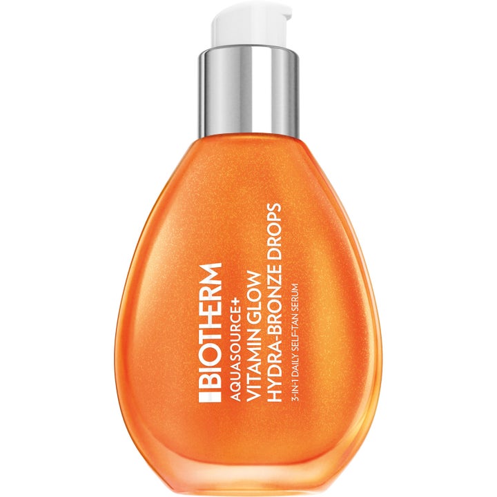 Biotherm Aquasource+ Vitamin Glow Hydra-Bronze Drops fuktighetsgivende selvbruningsserum i oransje glitrende glassflaske