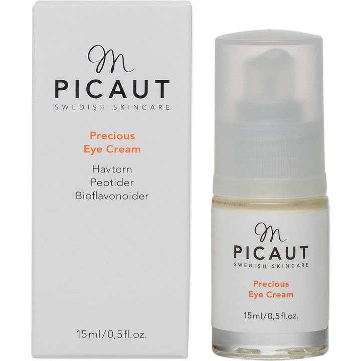 M Picaut Precious Eye Cream 15 ml øyekrem med havtorn og peptider i hvit eske og glassflaske med frostet kork