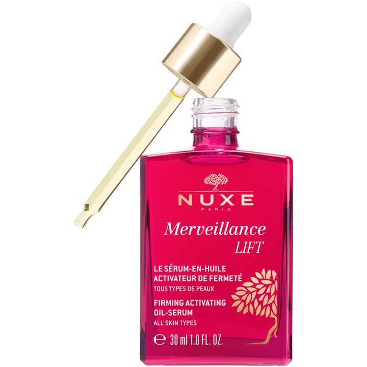 Nuxe Merveillance LIFT 30 ml oppstrammende oljeserum i rød glassflaske med pipette som viser gul olje