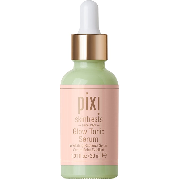 Pixi Glow Tonic Serum 30 ml eksfolierende ansiktsserum i lysegrønn glassflaske med gullkork og pipette
