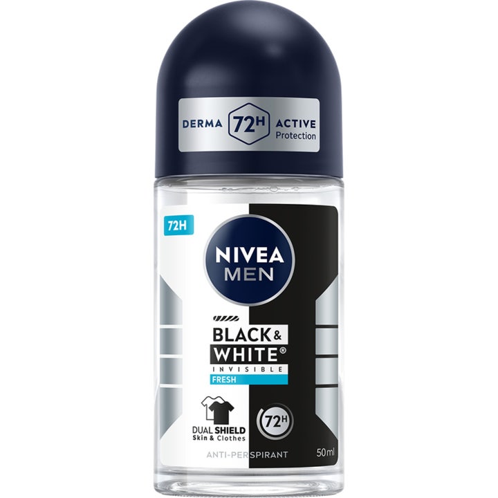 Nivea Men Black & White Invisible Fresh 50 ml deodorant motvirker svette og flekker i en glassflaske med sort kork.