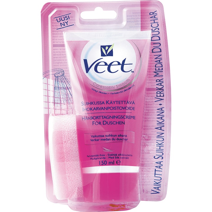 Veet Hårfjerningskrem for dusjen 150 ml for silkemyk hud i rosa tube med medfølgende svamp i plastemballasje.