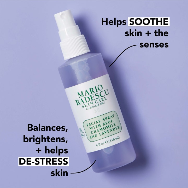 Mario Badescu Facial Spray Aloe, Chamomile & Lavender 118 ml face mist som beroliger og avstresser huden i lilla flaske.