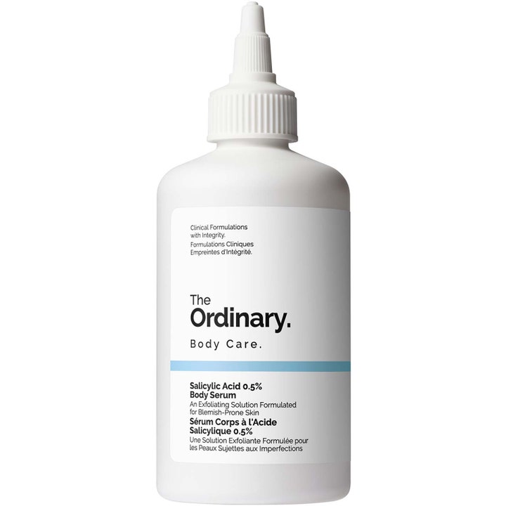 The Ordinary Salicylic Acid 0.5% Body Serum eksfolierende kroppsserum i hvit plastflaske med spiss applikatortut.