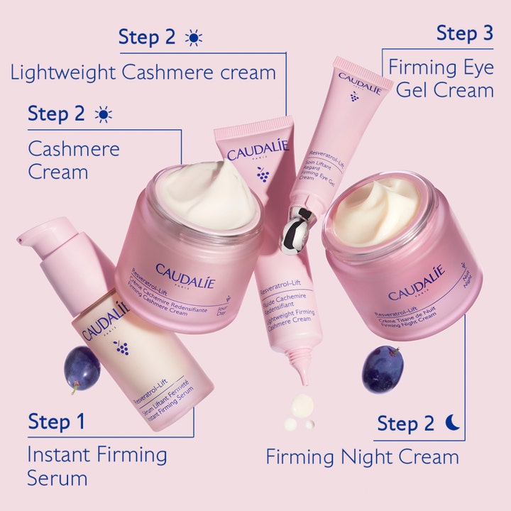 Caudalie Resveratrol-Lift Firming Eye Gel Cream 15 ml oppstrammende øyekrem i en rosa tube med kjølende metalltupp