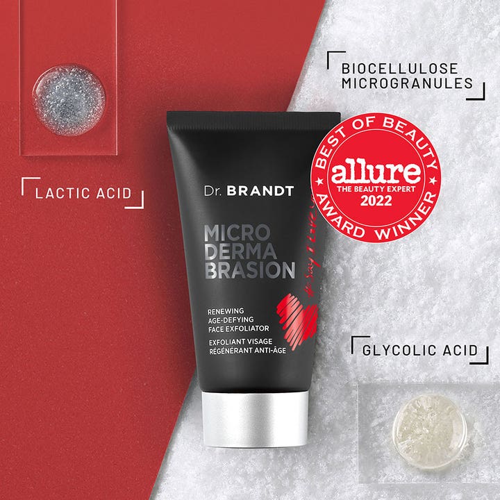 Dr Brandt Microdermabrasion 60 g ansiktsskrubb med melkesyre og glykolsyre i svart tube med Allure-prismerke.