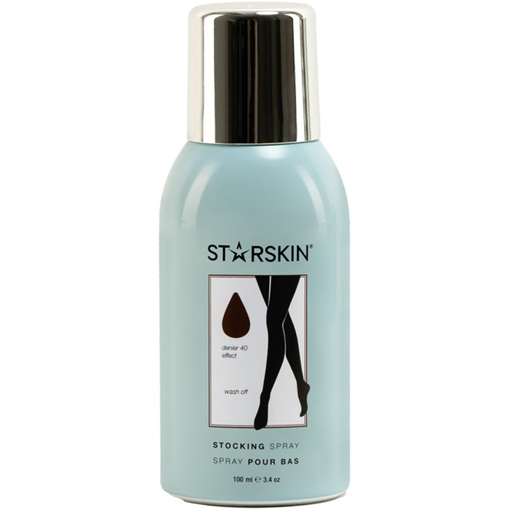 Starskin Stocking Spray 100 ml gir jevne ben med strømpebukseeffekt i en lyseblå sprayflaske med sølvfarget kork
