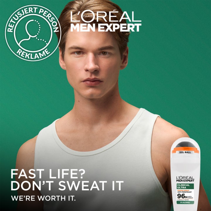L'Oréal Paris Men Expert Clinical Ultra Deo 50 ml mot svette vist med mann i hvit singlet mot grønn bakgrunn.
