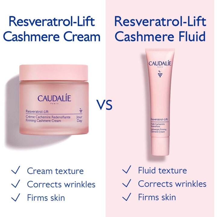 Caudalie Resveratrol-Lift Cashmere Cream 40 ml dagkrem i rosa krukke sammenlignet med fluid som strammer opp huden.