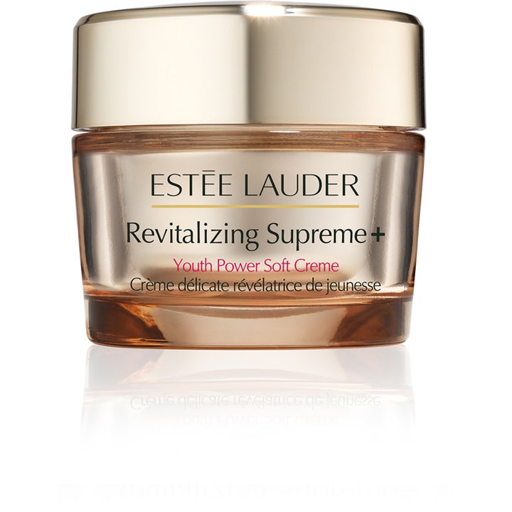Estée Lauder Revitalizing Supreme+ Youth Power Soft Creme ansiktskrem i en gyllen glasskrukke med skinnende gullfarget lokk