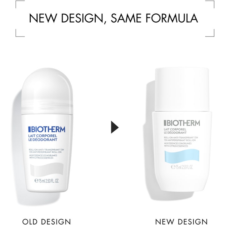 Biotherm Lait Corporel Deodorant Roll-On 75 ml antiperspirant viser overgangen fra gammelt til nytt hvitt design