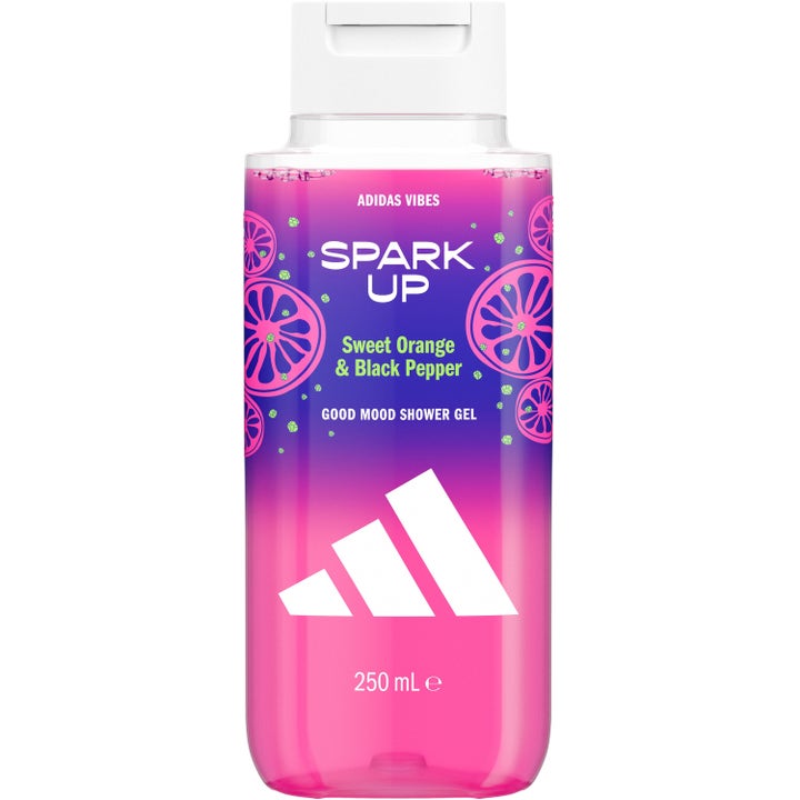 Adidas Vibes Spark Up 250 ml oppfriskende dusjgel i rosa og lilla flaske med hvit logo og appelsindekor