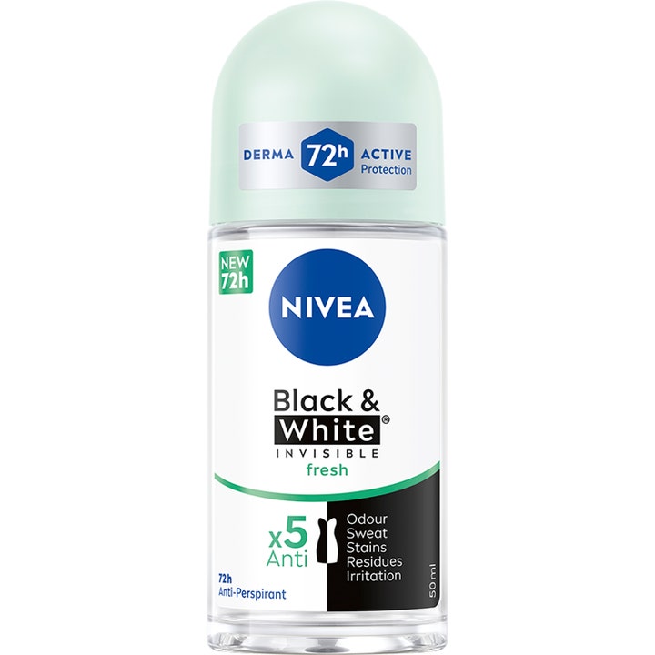 Nivea Black & White Invisible Fresh 50 ml roll-on deodorant mot svette i gjennomsiktig glassflaske med lysegrønn kork