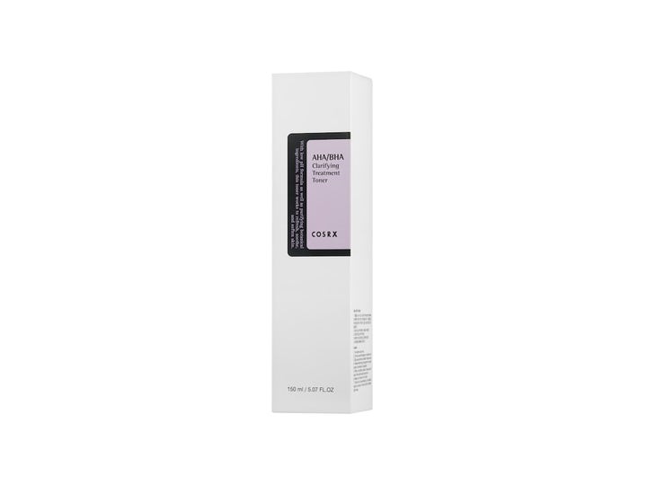 COSRX AHA/BHA Clarifying Treatment Toner 150 ml eksfolierende ansiktsvann i hvit ytteremballasje med lilla detaljer.