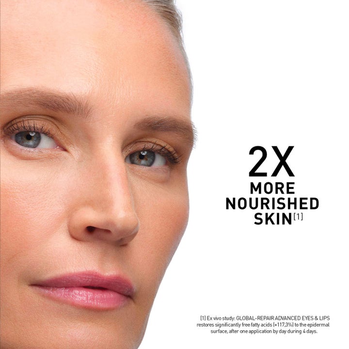 FILORGA Global-Repair Advanced Eyes & Lips 15 ml øyekrem gir næring vist på kvinneansikt med tekst 2X MORE NOURISHED SKIN