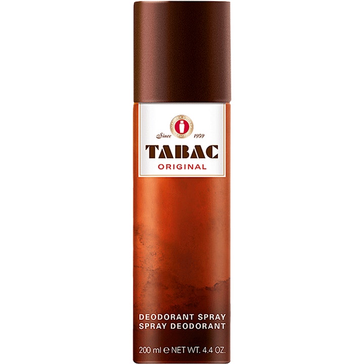 Tabac Original 200 ml deodorant spray gir langvarig friskhet i en brun sprayflaske med hvit etikett og mørkt lokk.