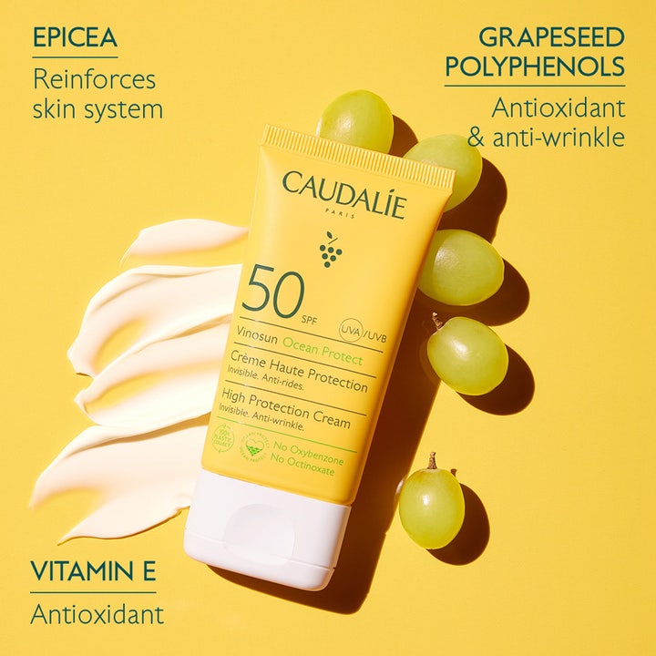 Caudalie Vinosun Protect Cream SPF50+ 50 ml solkrem for ansiktet mot rynker i gul tube med druer og hvit krem