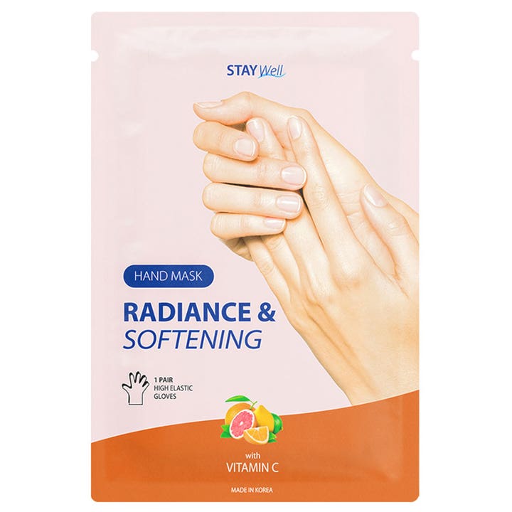 STAY Well Radiance & Softening Hand Mask 1 par mykgjørende håndmaske med vitamin C i rosa pose med bilde av hender