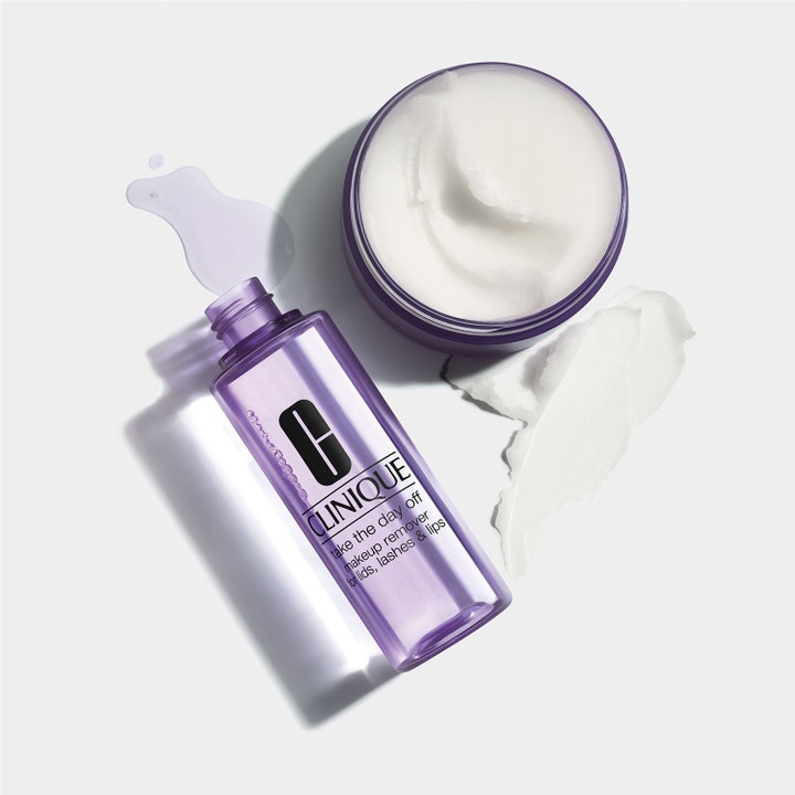 Clinique Take The Day Off Cleansing Balm 125 ml ansiktsrens fjerner sminke med hvit balm i lilla krukke og lilla flaske