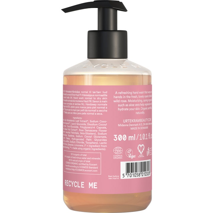 Urtekram Hand Wash Soft Wild Rose 300 ml fuktighetsgivende håndsåpe med rosa etikett og svart pumpehode.