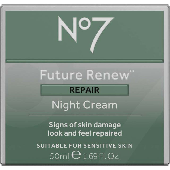 No7 Future Renew Repair Night Cream 50 ml reparerende nattkrem i grønn og sølvfarget eske for sensitiv hud