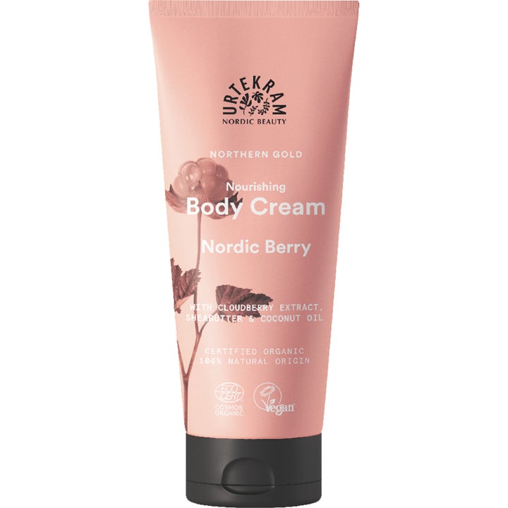 Urtekram Nordic Berry Body Cream nærende kroppskrem i ferskenfarget tube med sort kork og illustrasjon av molte.