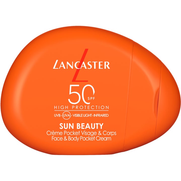 Lancaster Sun Beauty Face & Body Pocket Cream SPF 50 i en rund oransje beholder som gir solbeskyttelse
