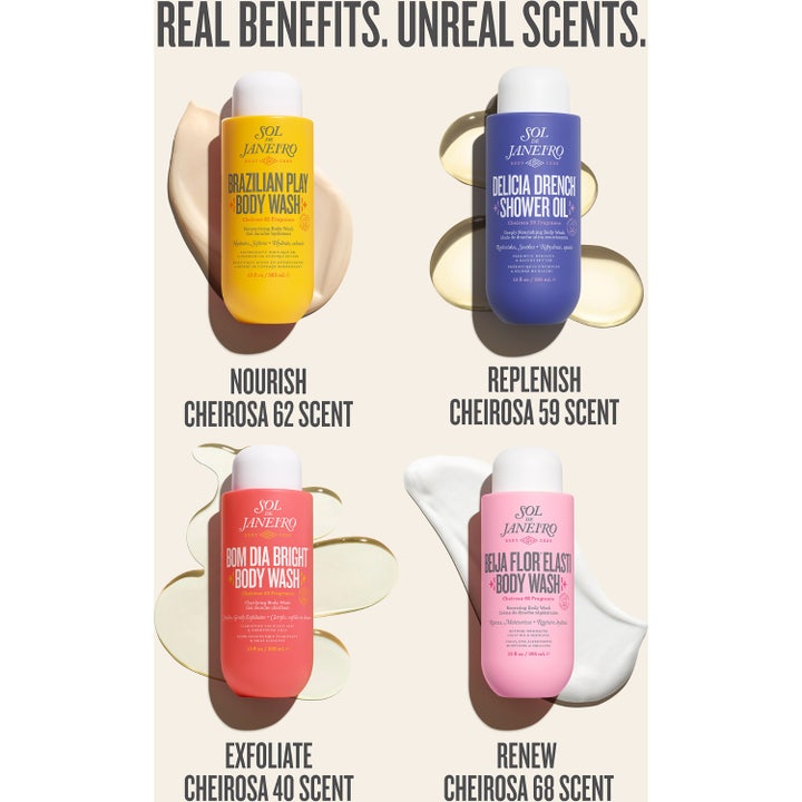 Sol de Janeiro Beija Flor Skin-Renewing Body Wash 385 ml og 90 ml vegansk dusjsåpe i rosa flasker omgitt av hvitt skum
