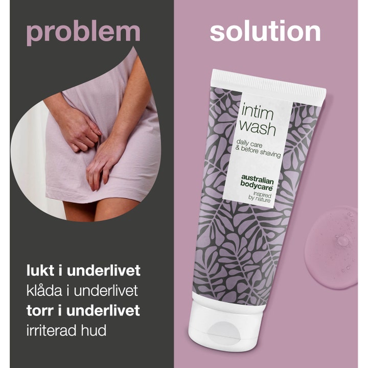 Australian Bodycare Intim Wash 200 ml intimsåpe mot lukt viser hvit tube med lilla mønster og teksten problem og solution.