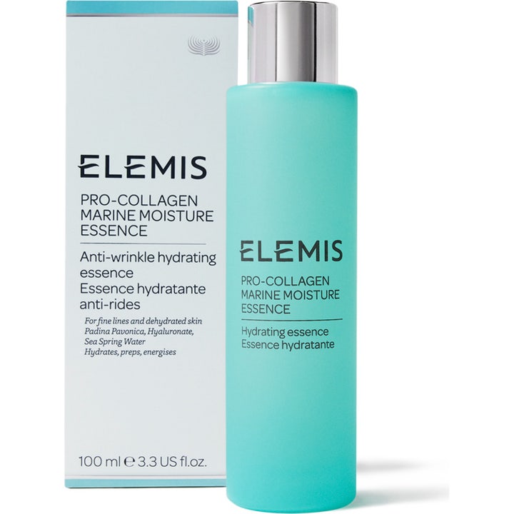 Elemis Pro-Collagen Marine Moisture Essence 100 ml fuktighetsgivende essence i turkis flaske med sølvkork og eske.