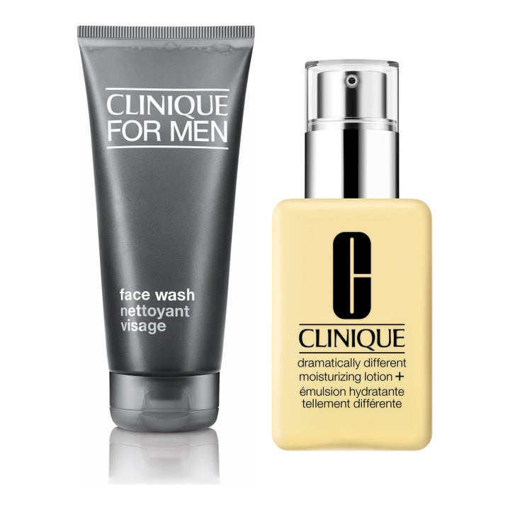 Clinique For Men Face Wash og Dramatically Different Moisturizing Lotion+ for fukt i grå tube og gul flaske med pumpe