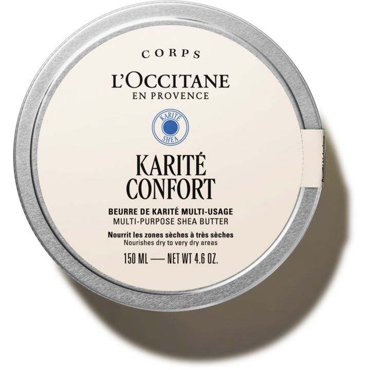 L'Occitane Shea Butter 150 ml fuktighetsgivende sheasmør i en rund metallboks med beige etikett og blått segl