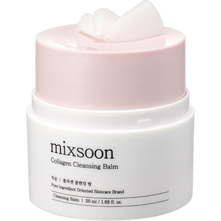 Mixsoon Collagen Cleansing Balm 50 ml ansiktsrengjøring i hvit krukke med rosa lokk og synlig hvit tekstur