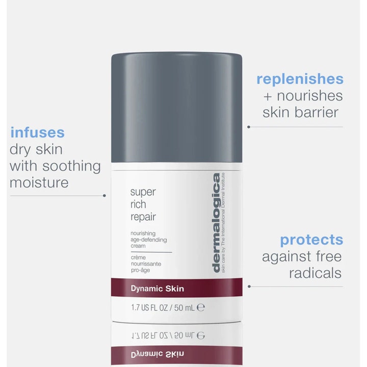 Dermalogica Super Rich Repair 50 ml nærende ansiktskrem som styrker hudbarrieren i hvit flaske med grått lokk.