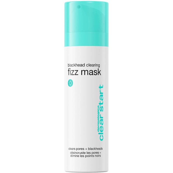 Dermalogica Clear Start Blackhead Clearing Fizz Mask som renser porer i hvit sylinderflaske med turkis kork