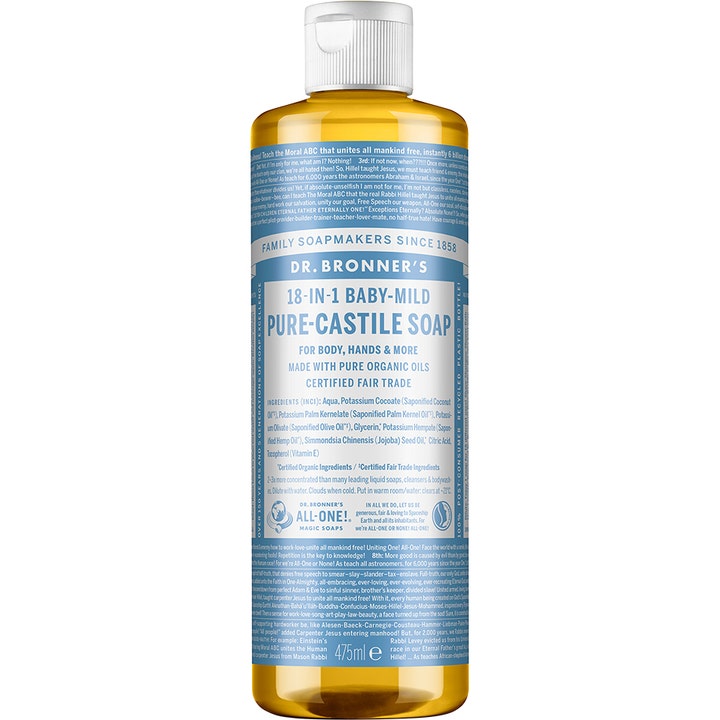 Dr. Bronner's Baby-Mild Pure-Castile Soap 475 ml gir skånsom pleie i plastflaske med lyseblå etikett og hvit kork.