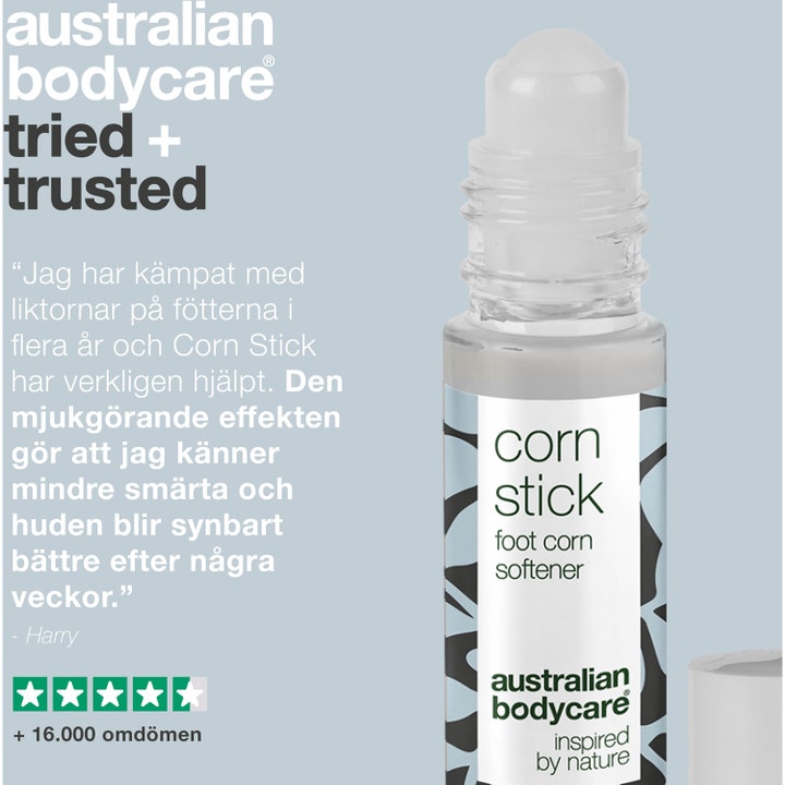 Australian Bodycare Corn Stick 9 ml fotpleie mot liktorn med klar rollerball og hvit etikett med bladmønster.