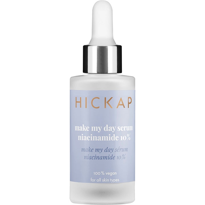 Hickap Make My Day Serum 30 ml med 10 % niacinamid som balanserer huden i frostet glassflaske med hvit og sølv pipette