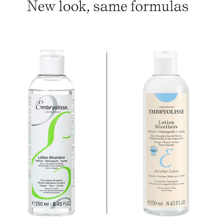 Embryolisse Micellar Lotion 250 ml beroligende micellærvann som viser nytt og gammelt design på flaskene