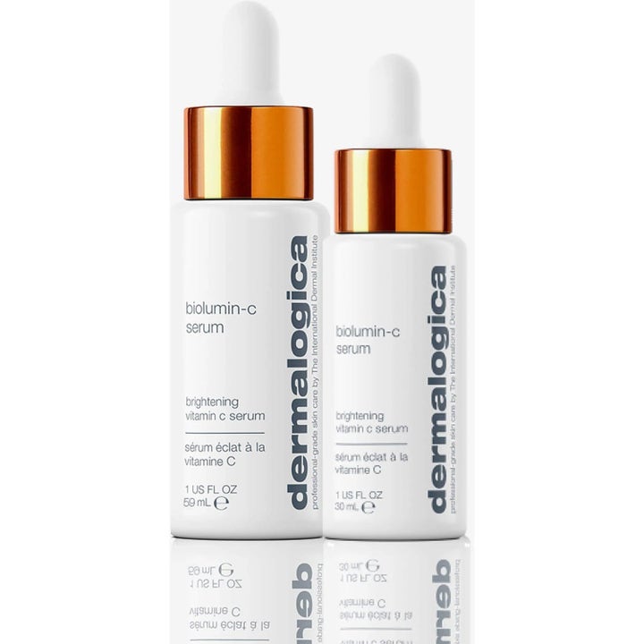 Dermalogica Biolumin C Serum 59 ml og 30 ml glødgivende vitamin C serum i hvite flasker med oransje metalldetaljer