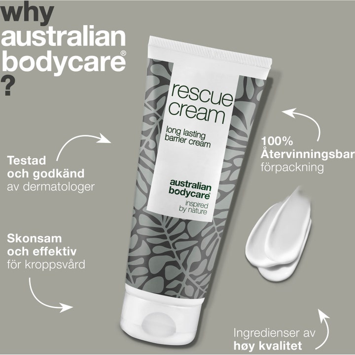Australian Bodycare Rescue Cream 100 ml mot irritasjon i hvit tube med grått mønster og kremet tekstur