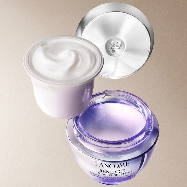 Lancôme Rénergie H.P.N. 300-Peptide Cream 50 ml anti-age dagkrem refill med hvit tekstur i lilla glasskrukke