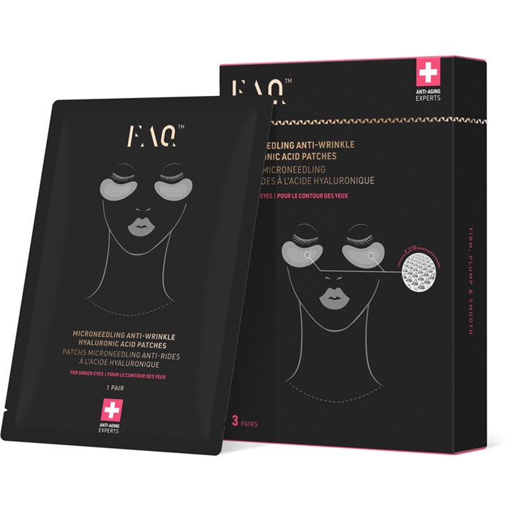 FAQ Microneedling Anti-Wrinkle Hyaluronic Acid Patches 3 par anti-age øyemasker i svart eske med hvit ansiktsillustrasjon