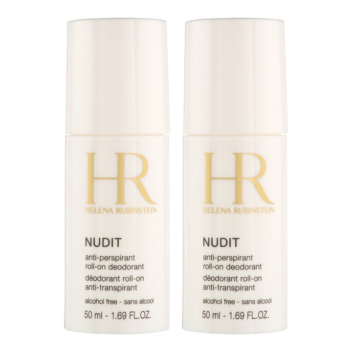 Helena Rubinstein Nudit 50 ml alkoholfri deodorant mot svette i to hvite sylindriske flasker med gullfarget logo